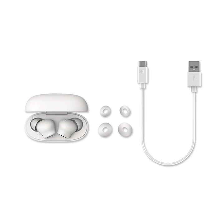 Philips 1000 Series True Wireless Earbuds with charging case, USB-C cable, and extra ear tips in White.