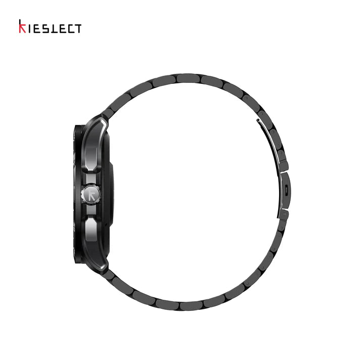 Side profile of Kieslect Actor watch highlighting the slim black aluminum case, tactical side buttons, and curved metal link strap