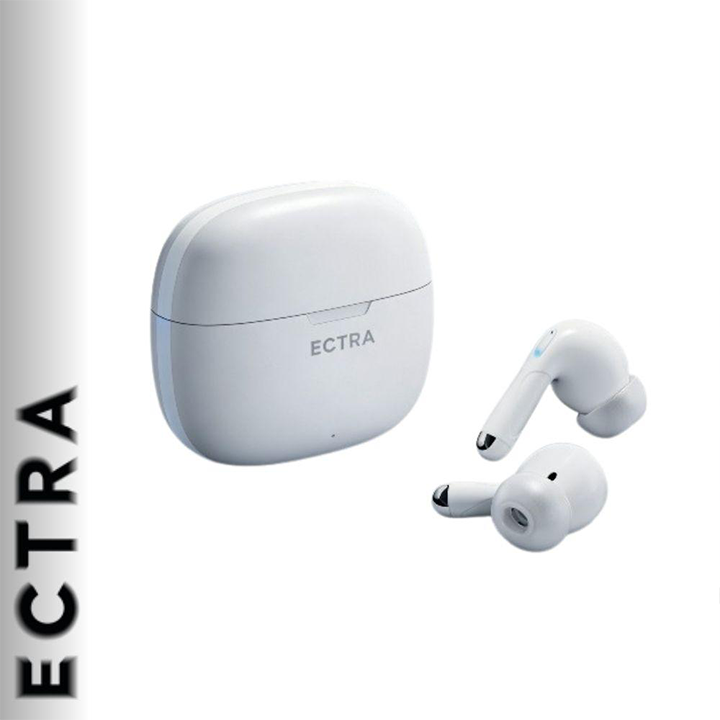 ECTRA Echo white true wireless earbuds with charging case showing dual-mic design and super bass drivers