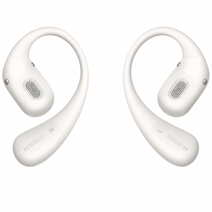 Rear view of grey Huawei FreeArc open-ear earbuds showcasing the inner acoustic mesh grilles, charging contacts, and Left and Right indicators.