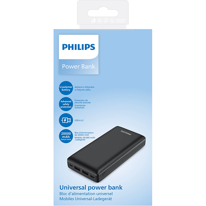 Philips 20000mAh Power Bank retail packaging with 3 ports, Dual USB-A QC 18W and USB-C PD 20W