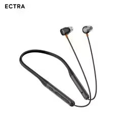 Side angle view of ECTRA Active wireless neckband earphones in black showing control buttons and extended earbuds