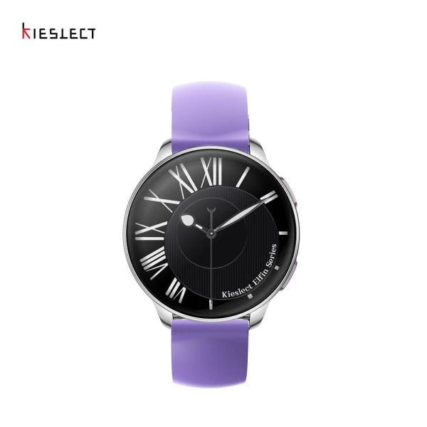 Front view of the Kieslect Elfin women's smartwatch with the interchangeable purple silicone strap, highlighting the round black dial and silver aluminum case.