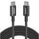Full view of coiled black Anker USB-C to USB-C fast charging cable showing dual connectors and braided wire design