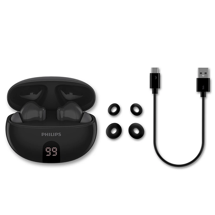 Open black Philips 3000 Series earbuds charging case displaying LED battery percentage indicator, shown with USB-C cable and extra ear tips.