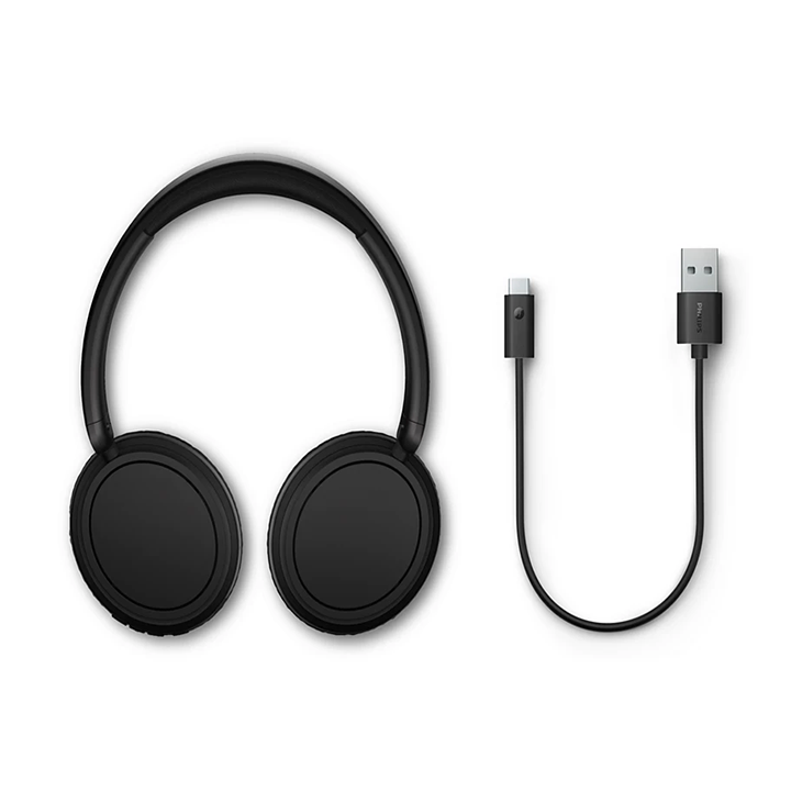 Philips TAH5209BK wireless headphones shown with included USB-C charging cable