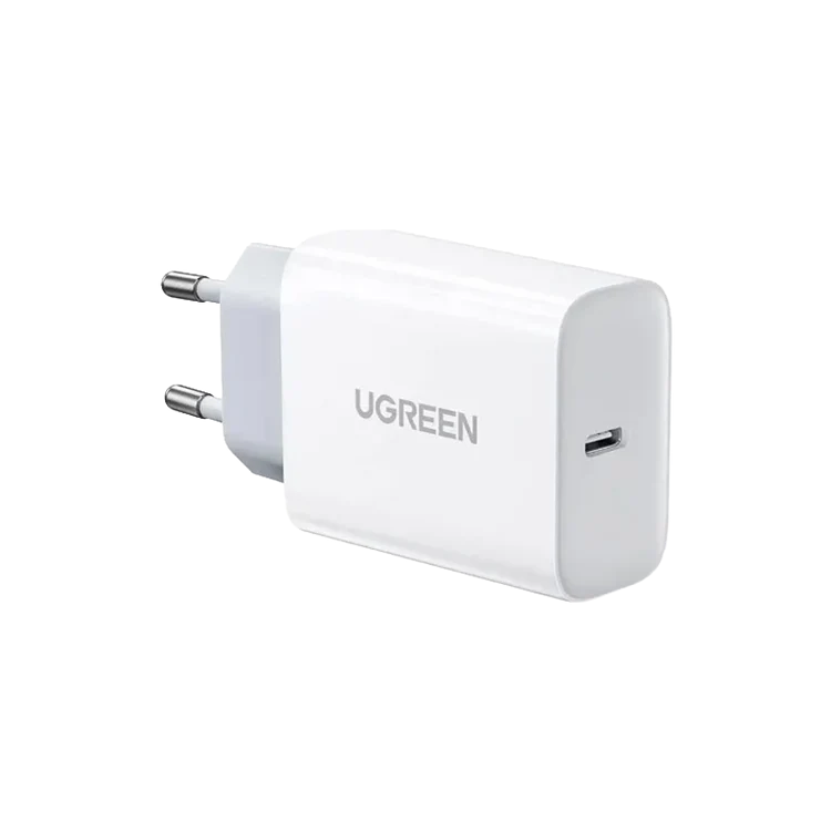 Side profile view of white UGREEN wall charger showing USB-C port, logo, and EU plug