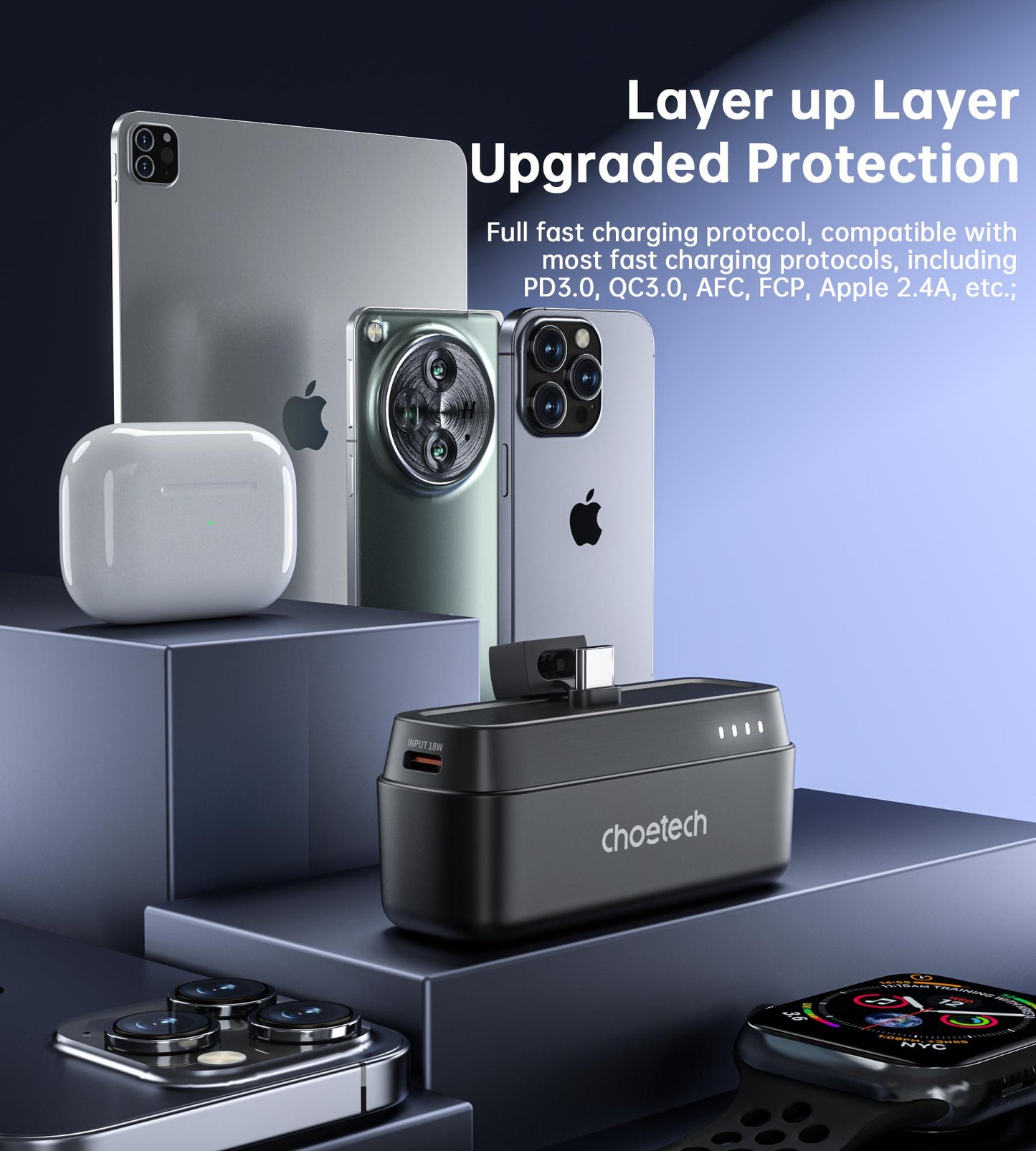 Ultra-compact fast charging power bank compatible with iPhone, Android, and tablets