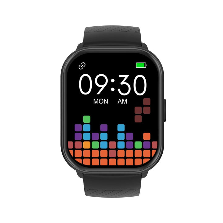Front view of the black Choetech WT016 smart watch showcasing its large, rectangular 2.01-inch HD display and a sleek matte silicone strap.