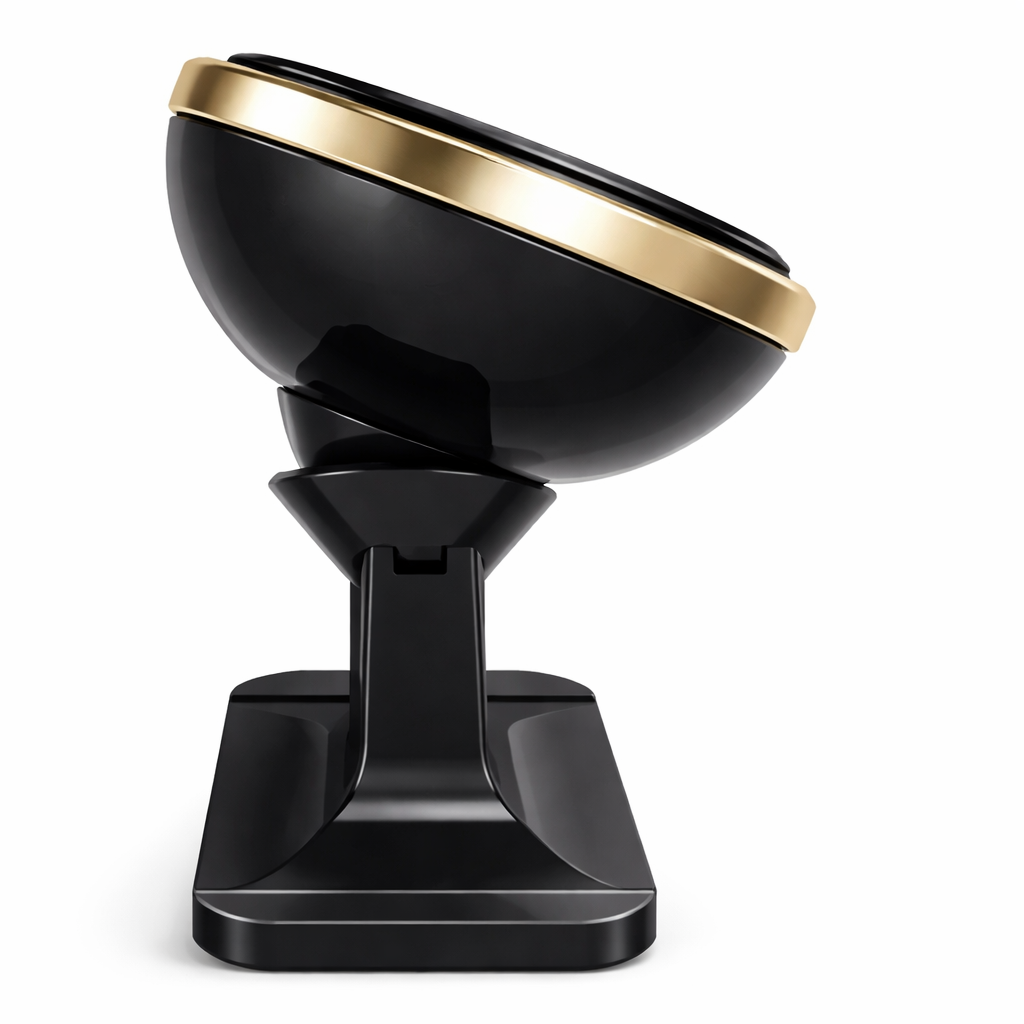 Side view of Baseus 360 degree adjustable magnetic car phone mount holder in black and gold on a dashboard stand.