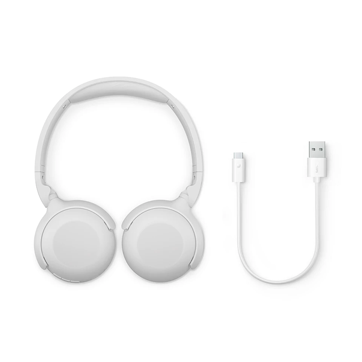 Front view of flat-folded white Philips 2000 Series wireless headphones next to a USB-C charging cable.