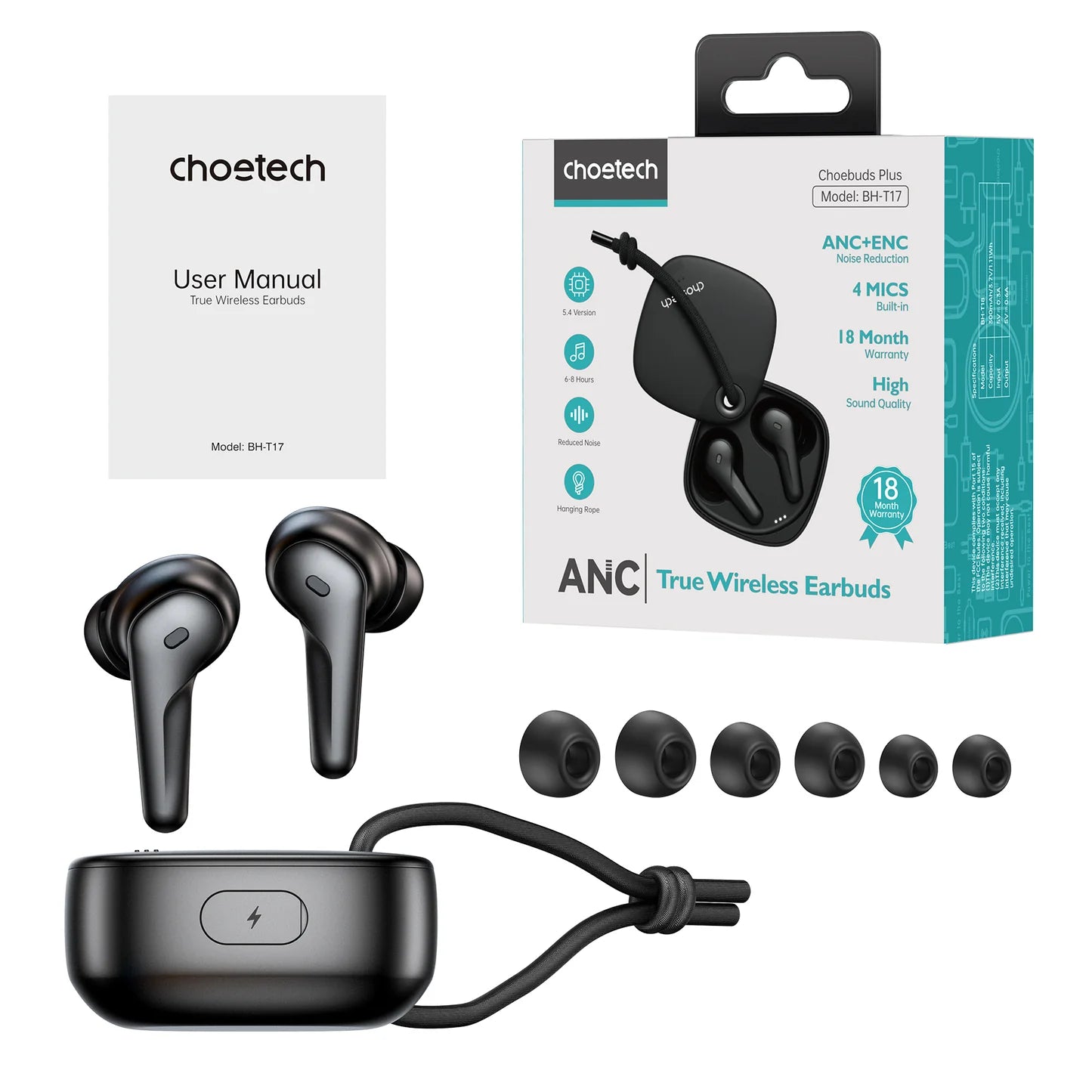 Choetech BH-T17 full retail package including the product box, user manual, two black wireless earbuds, charging case with hanging rope, and three pairs of extra silicone ear tips.