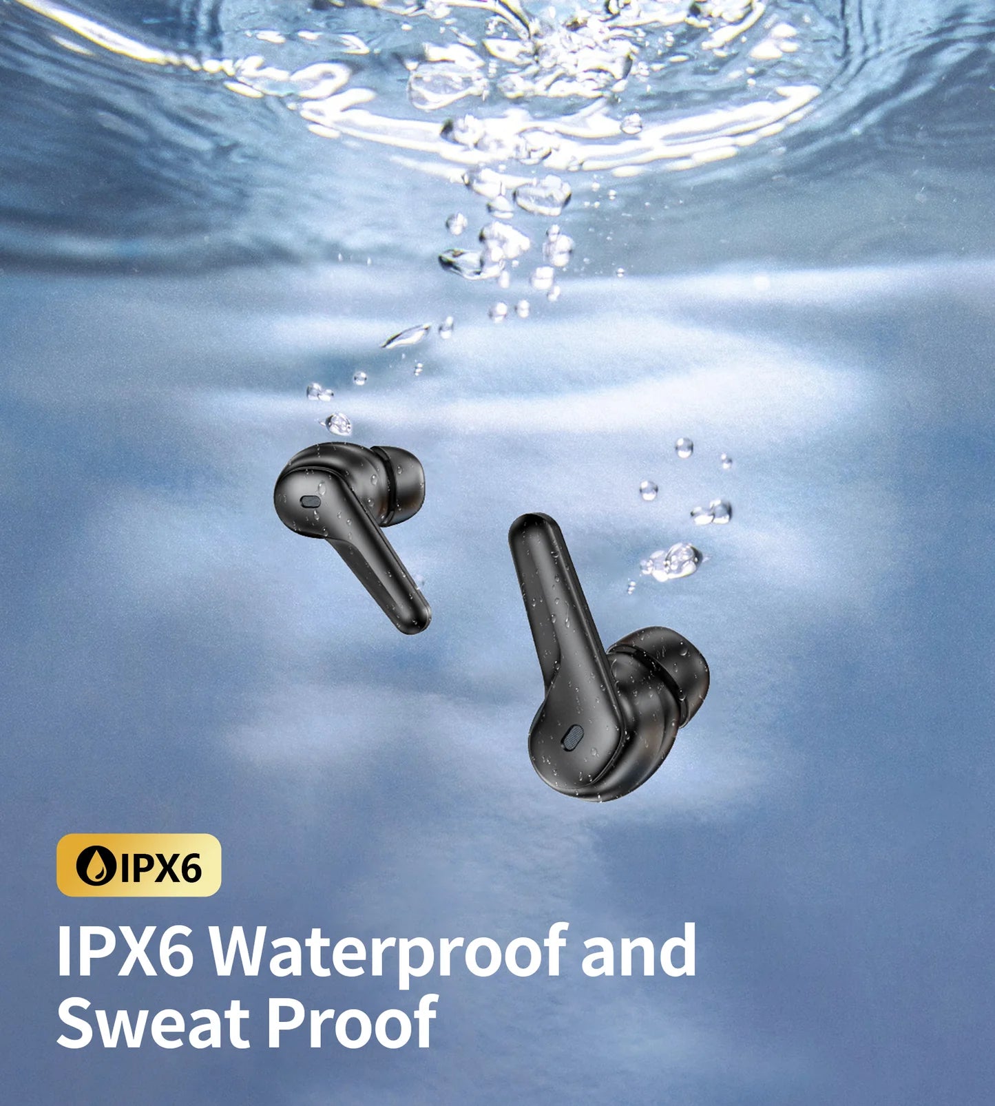 Two Choetech BH-T17 black earbuds submerged under water with bubbles, demonstrating the IPX6 waterproof and sweatproof rating.