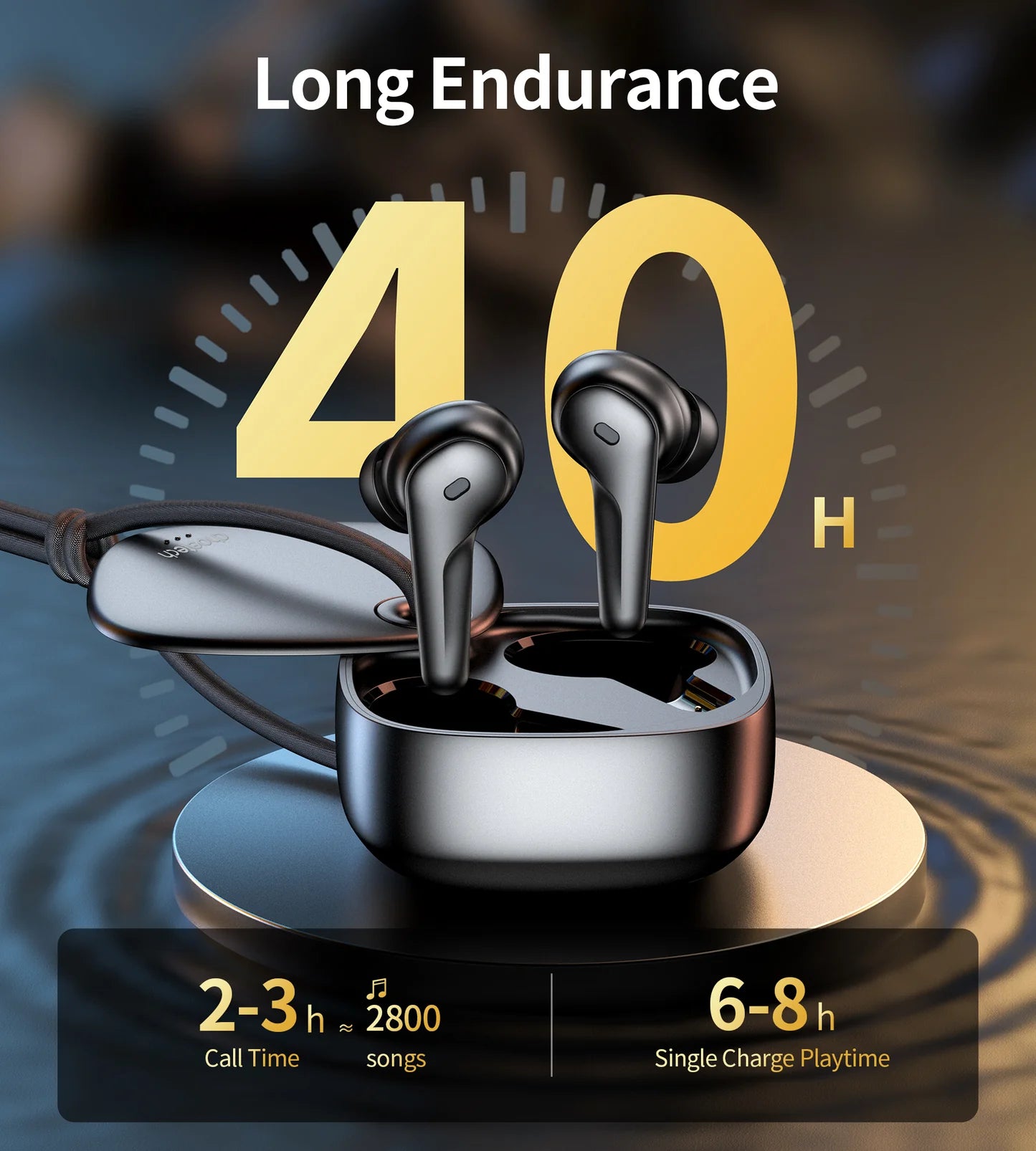 Choetech BH-T17 wireless earbuds standing in an open charging case on a circular metallic pedestal, highlighting a 40-hour long endurance battery life.