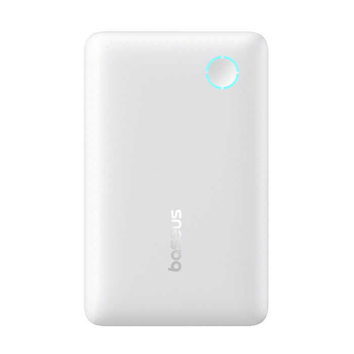 Front view of the white Baseus EnerFill FP11 10000mAh portable charger showcasing its textured matte finish and glowing LED ring