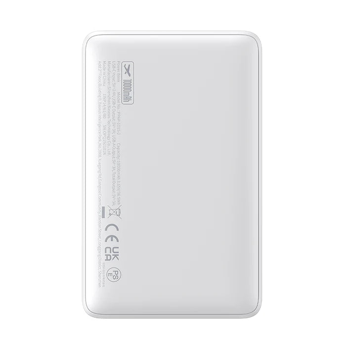 Back view of the white Baseus EnerFill FP11 10000mAh power bank highlighting technical specifications and safety certifications