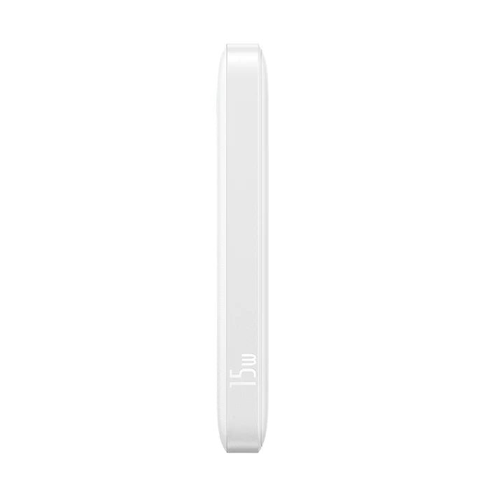 Sleek side profile of the white Baseus EnerFill FP11 power bank showcasing its ultra-thin design and 15W fast charging label
