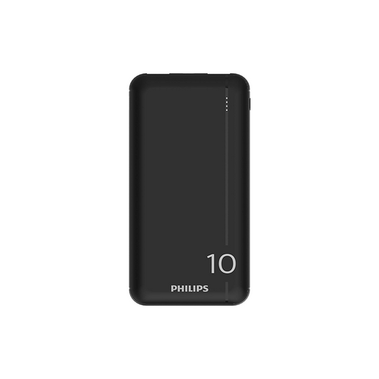 Flat front view of the black Philips 10000mAh portable power bank with white Philips branding and "10" print on a white background.