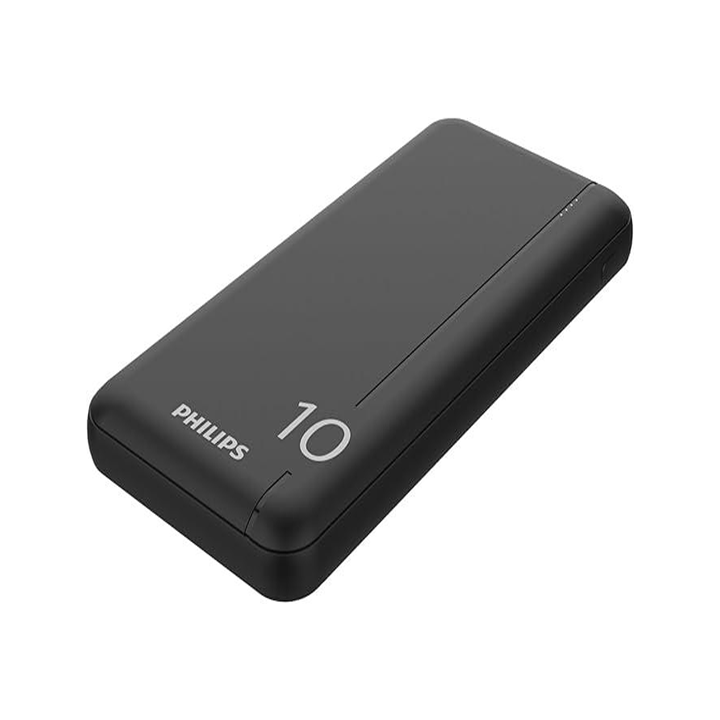 Angled view of the slim black Philips 10000mAh power bank showing the Philips logo, "10" indicator marking, and side LED power lights.