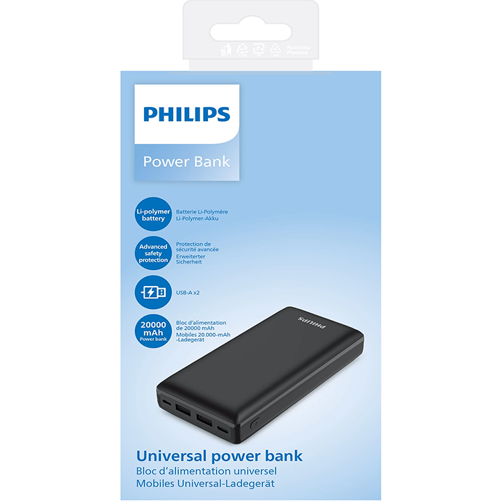 Retail packaging box of the Philips universal power bank, displaying product features like Li-polymer battery, safety protection, and dual USB-A.