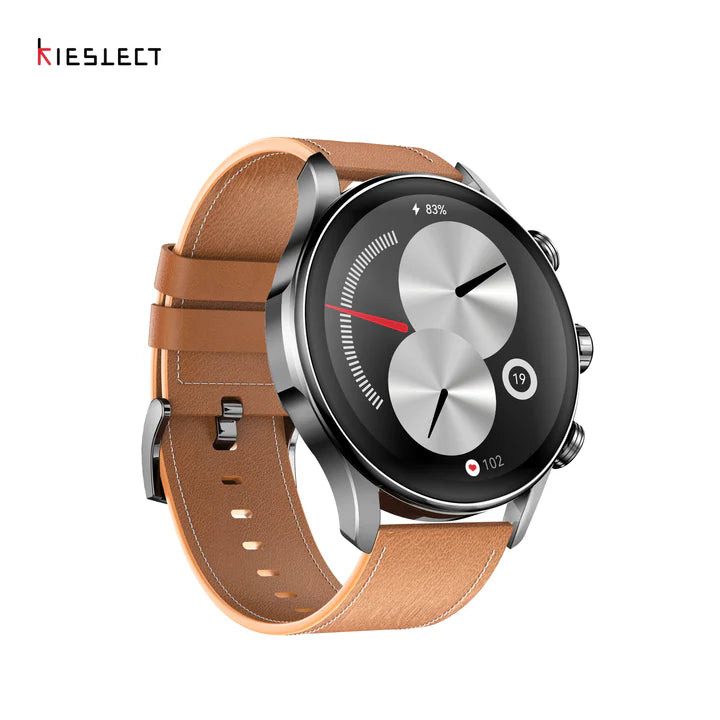 Kieslect Balancer smart watch in silver stainless steel finish displaying the brown leather band inner texture