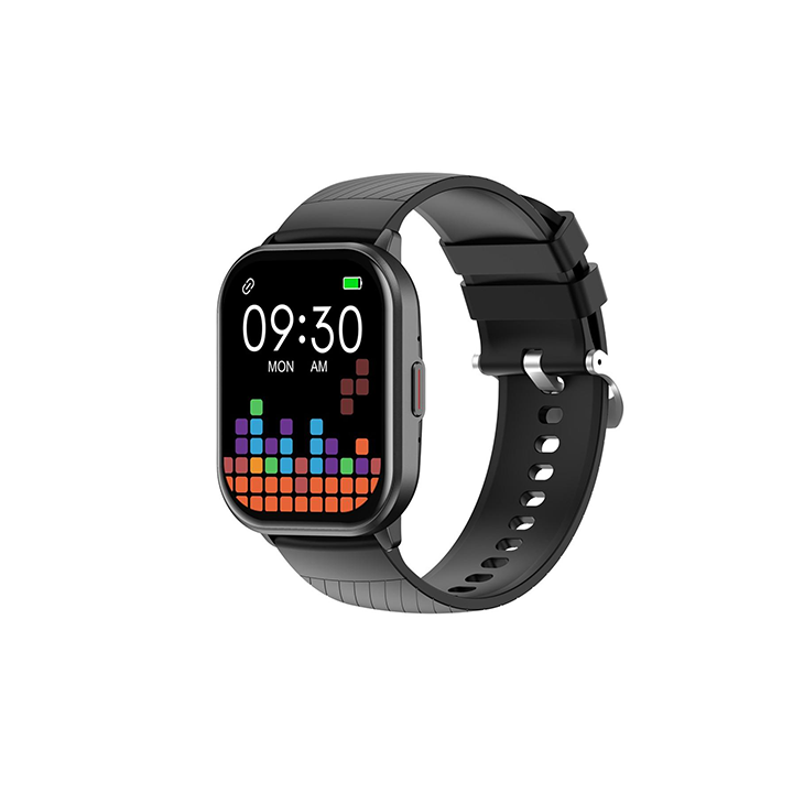 Three-quarter angled view of the black Choetech WT016 smart watch, highlighting its curved rectangular case profile, a single side control button, and the adjustable buckle strap.