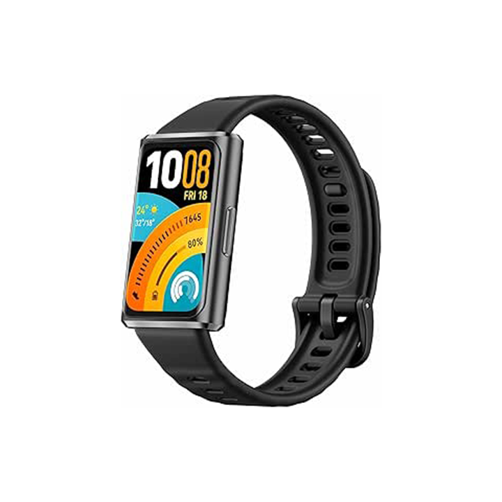 Perspective view of the black Huawei Band 11 Pro highlighting the durable breathable fluoroelastomer strap construction from a left angle.