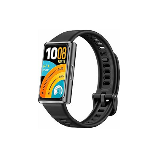 Perspective view of the black Huawei Band 11 Pro highlighting the durable breathable fluoroelastomer strap construction from a left angle.