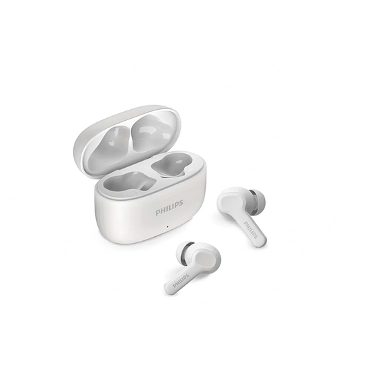 Philips 1000 Series True Wireless Earbuds with open charging case in White.