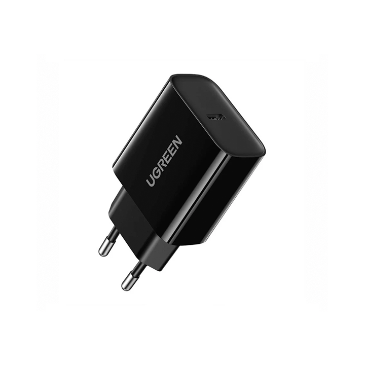 Angled view of black UGREEN wall charger with Type-C port and EU plug