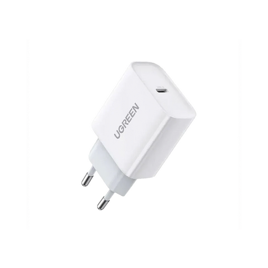 Angled view of white UGREEN wall charger with Type-C port and EU plug