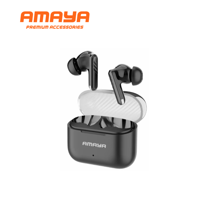 Black Amaya ATW-330 true wireless earbuds resting inside open charging case