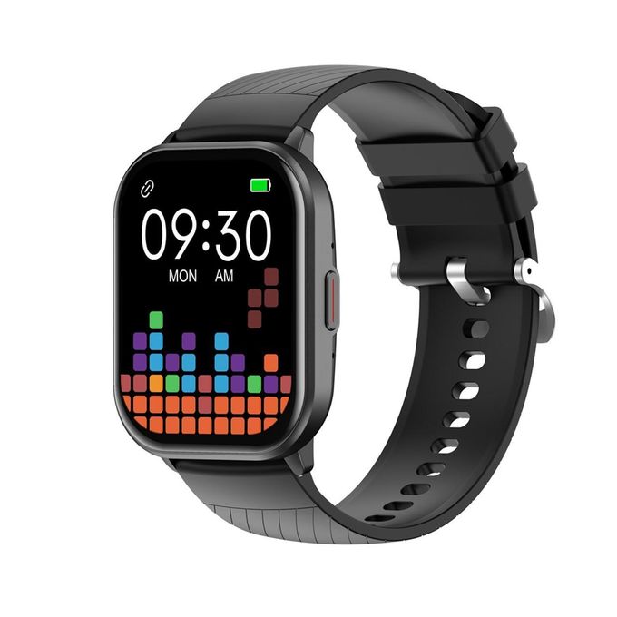 Three-quarter angled view of the black Choetech WT016 smart watch, highlighting its curved rectangular case profile, a single side control button, and the adjustable buckle strap.