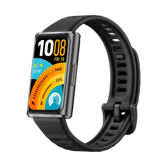 Perspective view of the black Huawei Band 11 Pro highlighting the durable breathable fluoroelastomer strap construction from a left angle.