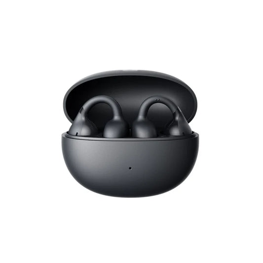 Baseus Bass BC1 open-ear wireless earbuds in black inside the open charging case