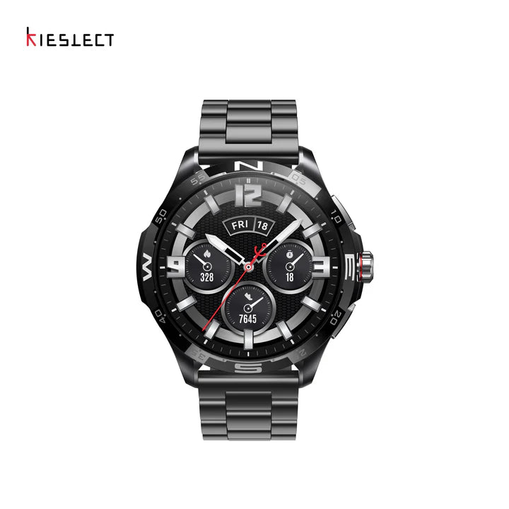 Front view of Kieslect Actor smart watch in black, showcasing the round LTPO AMOLED display, ceramic bezel, and black stainless steel strap.