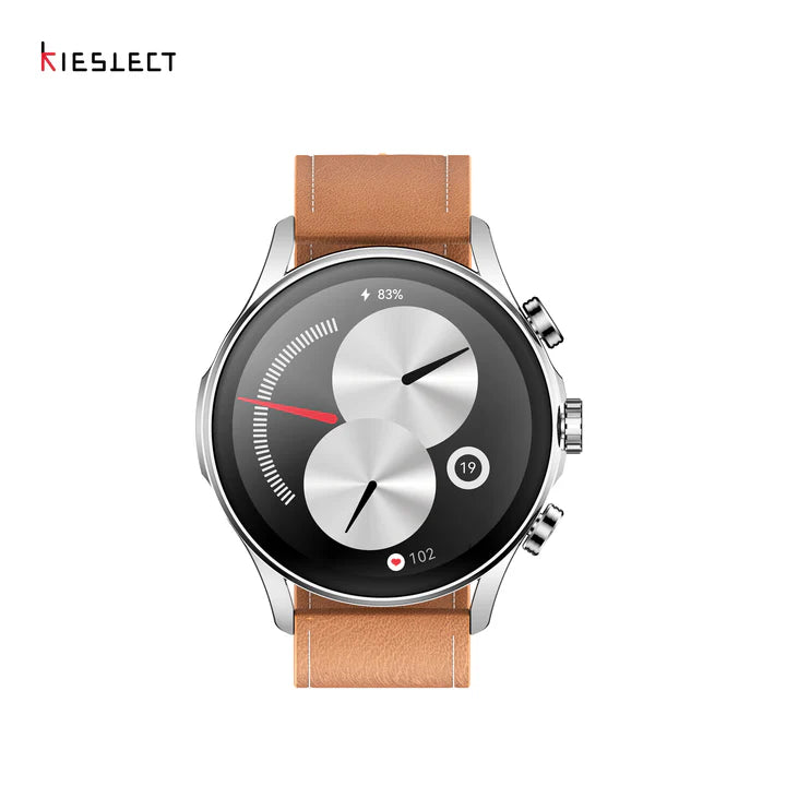 Front view of Kieslect Balancer smartwatch showcasing the 1.43 inch round HD AMOLED display with a classic watch face