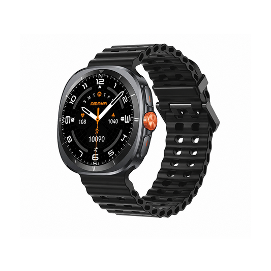 Amaya ASW-10 black smartwatch with 1.43 inch Super AMOLED display, orange side button, and perforated silicone strap