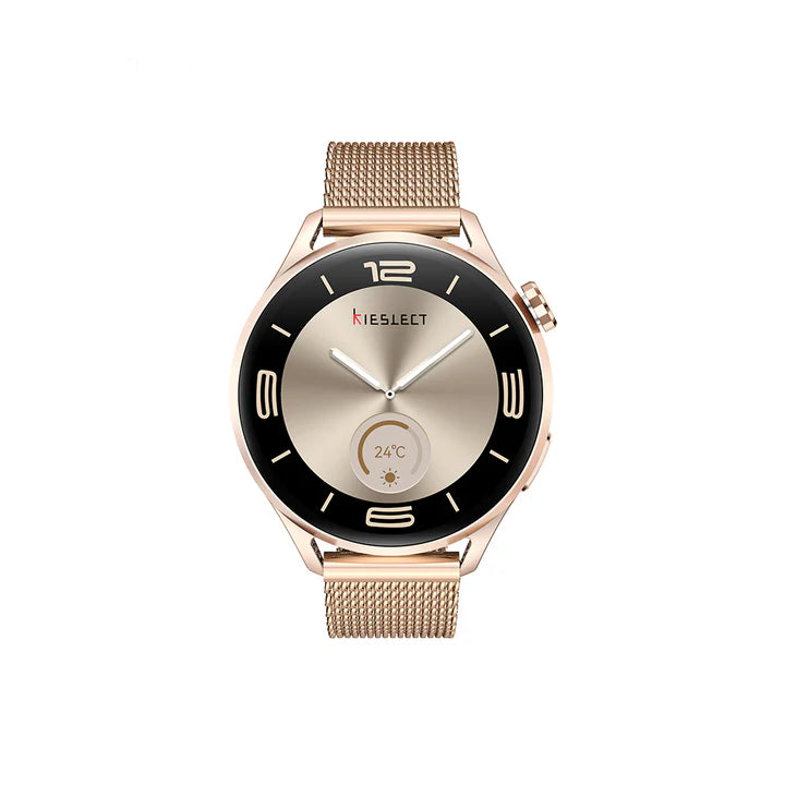 Front view of Kieslect Lora 3 women's smartwatch displaying the round watch face and premium gold metal strap.