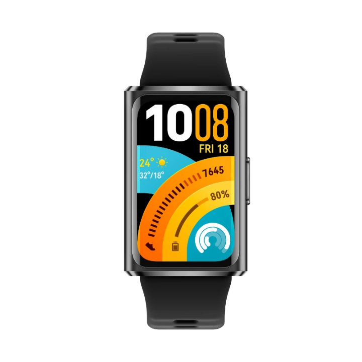 Front straight view of the Huawei Band 11 Pro showcasing the large 1.62 inch AMOLED touchscreen and sleek black aluminum alloy case.
