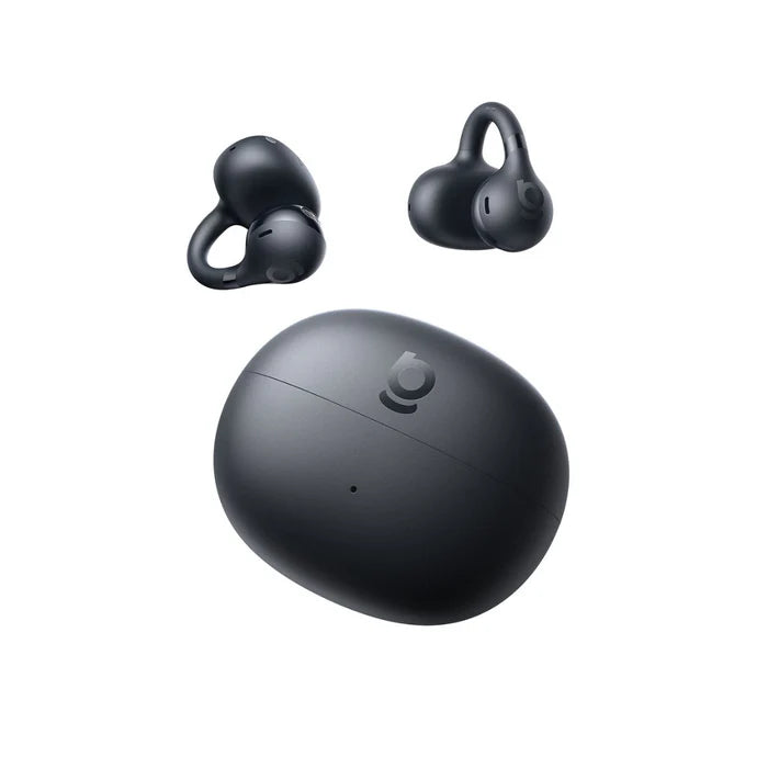 Baseus Bass BC1 black clip-on earbuds placed next to the closed oval charging case