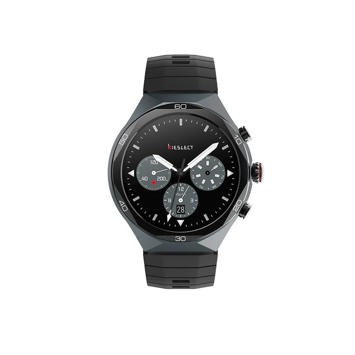 Front view of the Kieslect Elite2 AI smartwatch displaying a classic chronograph-style digital face