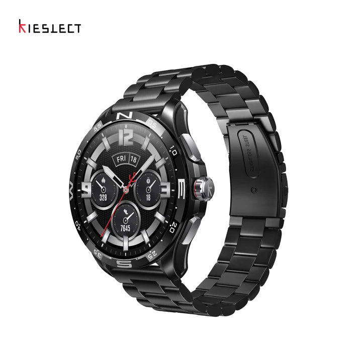 Kieslect Actor GPS calling smart watch in black with luxury stainless steel metal strap perspective view