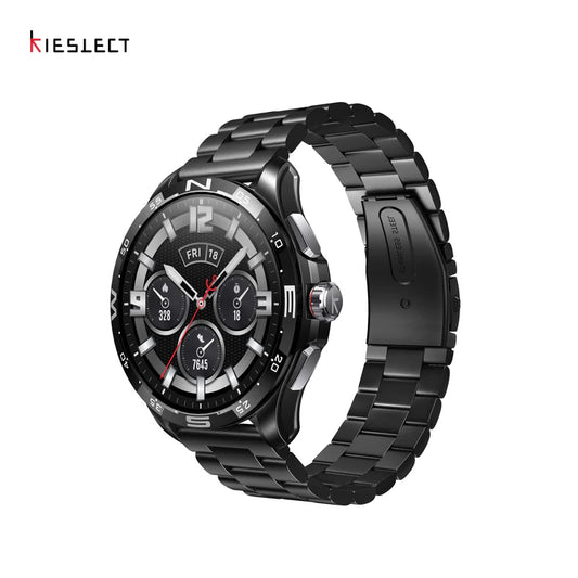 Kieslect Actor GPS calling smart watch in black with luxury stainless steel metal strap perspective view