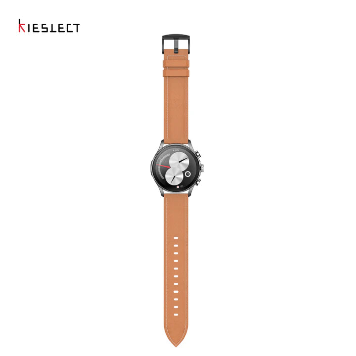 Top down full view of Kieslect Balancer smartwatch with the coffee leather strap fully extended
