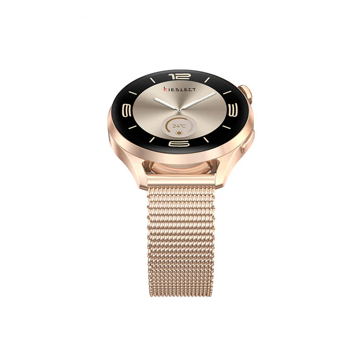 High-angle clear view of the Kieslect Lora 3 women's smart watch in gold, displaying the elegant round watch face and premium gold mesh metal strap.