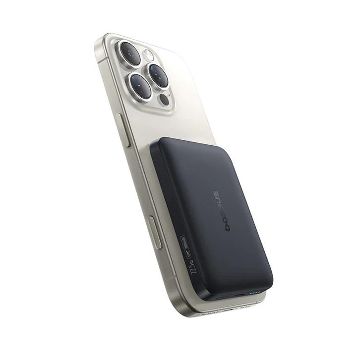 Baseus 10000mAh magnetic wireless power bank charging an iPhone.