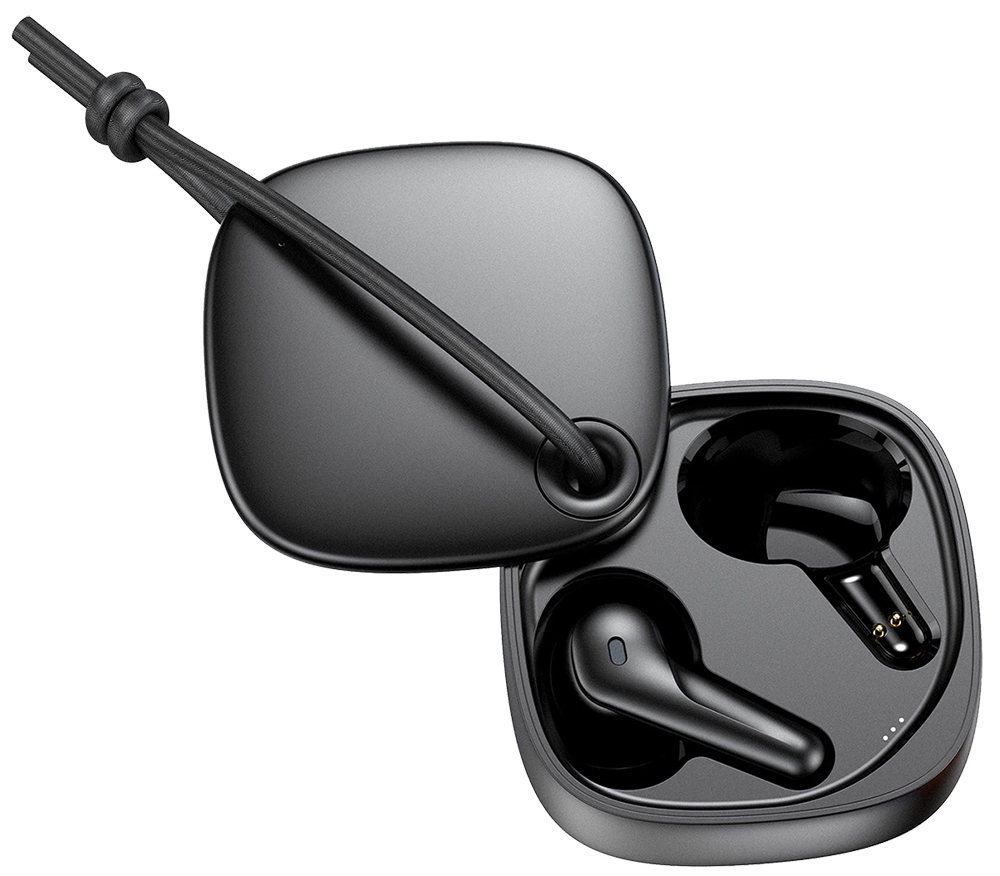 Top-down view of Choetech BH-T17 matte black charging case opened, showing one earbud inside and an attached woven hanging rope.