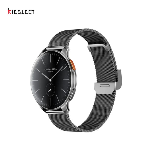 : Side angle view of the black Kieslect Elfin women's smartwatch with a dark stainless steel mesh strap, showcasing the circular analog dial and a gold-accented side button.