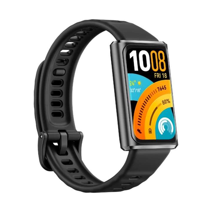 Three-quarter view of the black Huawei Band 11 Pro fitness band displaying the premium screen-to-body aluminum frame from a right angle.